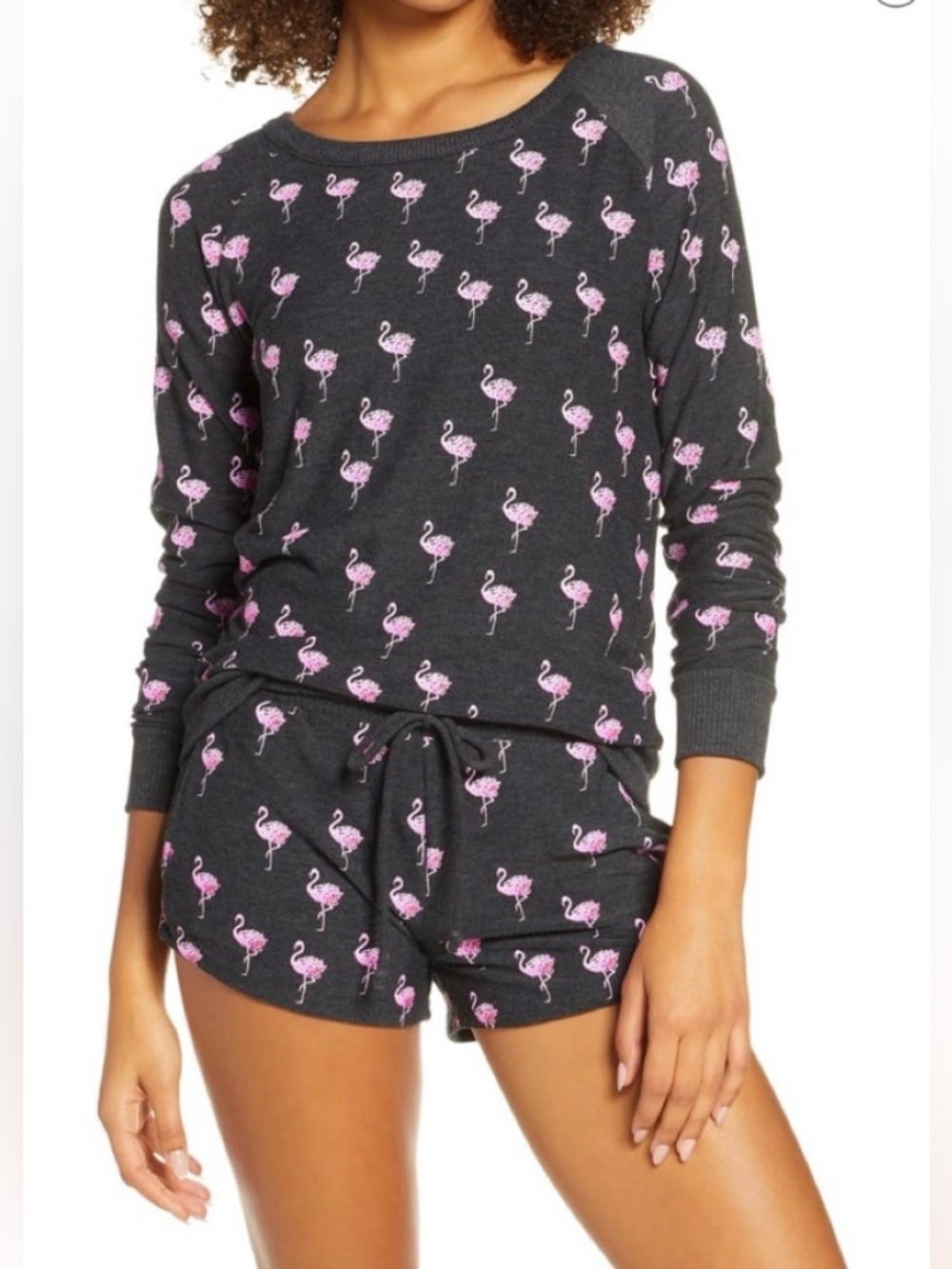 Chaser Cozy Flamingo Pajama Short Long Sleeve Set Grey Pink